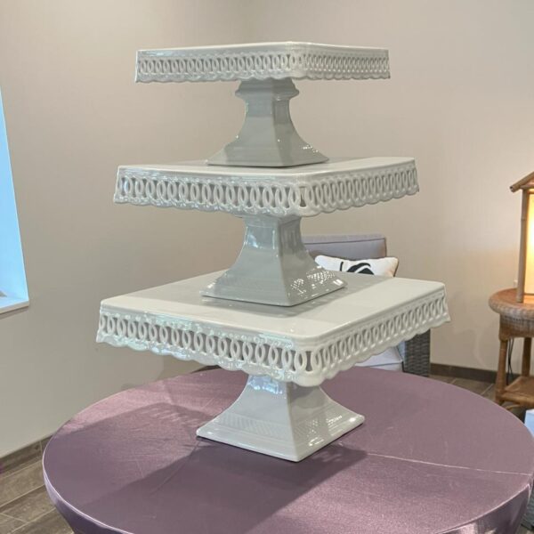 Large,Square Footed White Cake Plate, 12"X 12" X 7" (Ht)