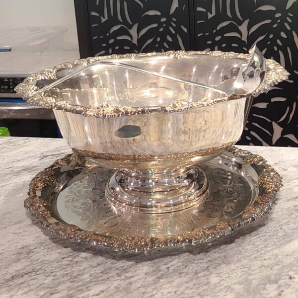Large Vintage Silver Plate, Punch Bowl, Platter And Ladle