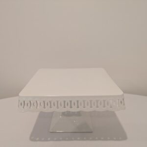 Large,Square Footed White Cake Plate, 12"X 12" X 7" (Ht)