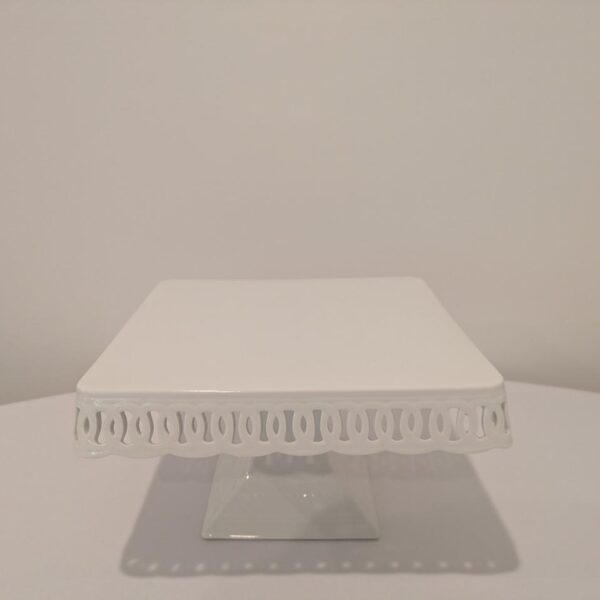 Medium, Square Footed White Cake Plate, 10"X 10" X 6" (Ht)