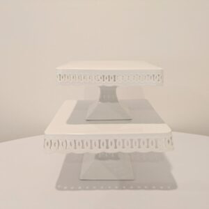 Small, Square Footed White Cake Plate, 8"X 8" X 4.75" (Ht)