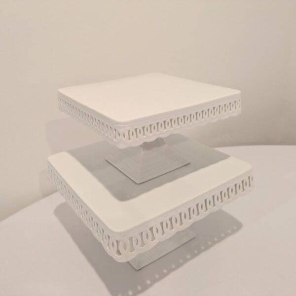Medium, Square Footed White Cake Plate, 10"X 10" X 6" (Ht)