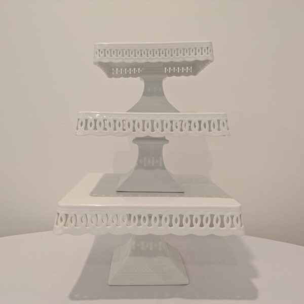 Medium, Square Footed White Cake Plate, 10"X 10" X 6" (Ht)