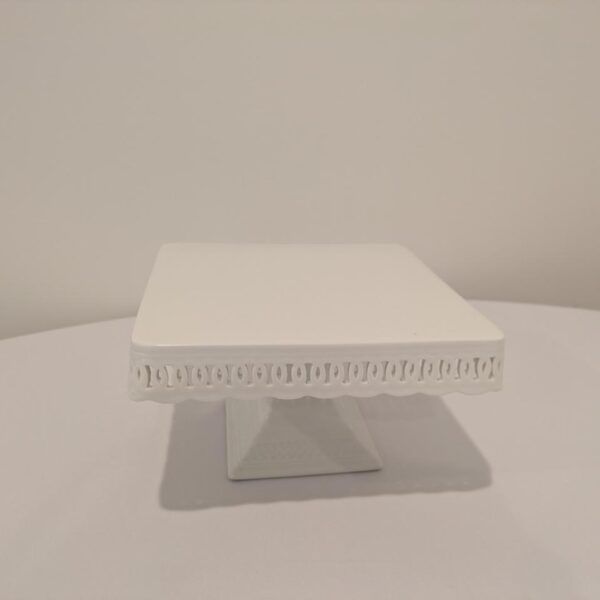 Small, Square Footed White Cake Plate, 8"X 8" X 4.75" (Ht)