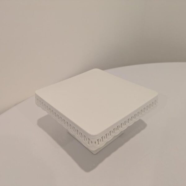 Small, Square Footed White Cake Plate, 8"X 8" X 4.75" (Ht)